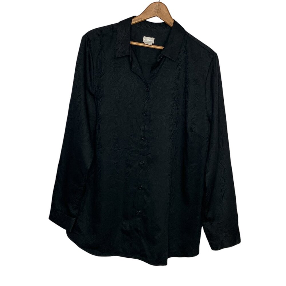 Chico's 2 Black Paisley Jacquard Satin Button Front Shirt Top Large L 12 14